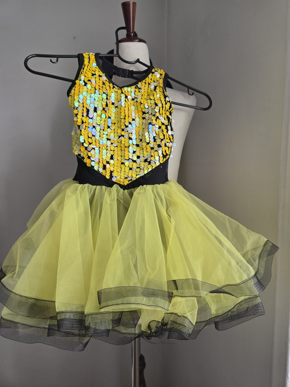 Yellow Sequin Tulle Dance Costume with Black Accent - Kids